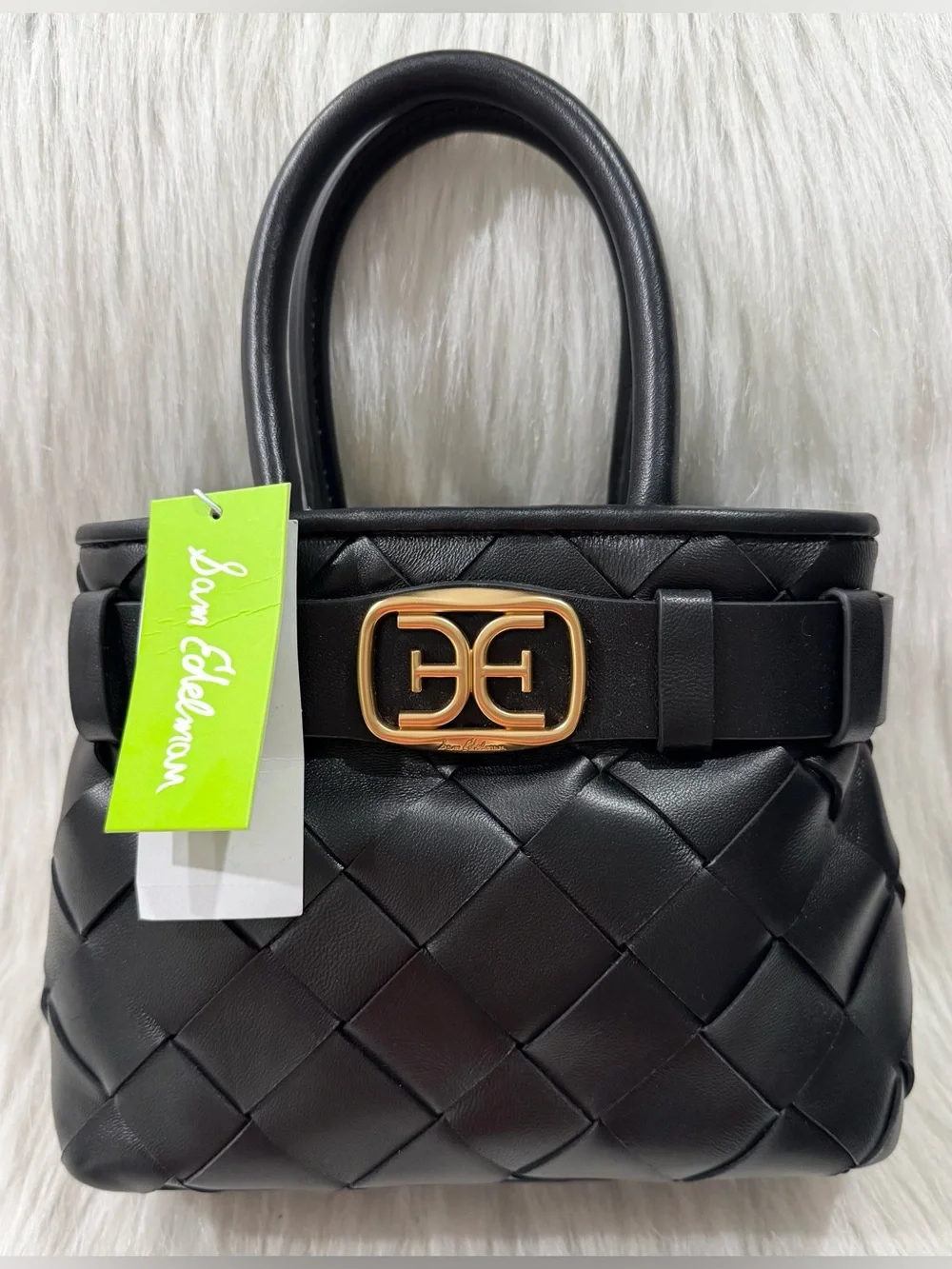 Sam Edelman Cleo Basket Weave Mini Satchel Tote Bag Black Gold Hardware NWT